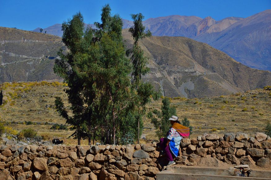 Перуанка в традиционной одежде в каньоне реки Колка