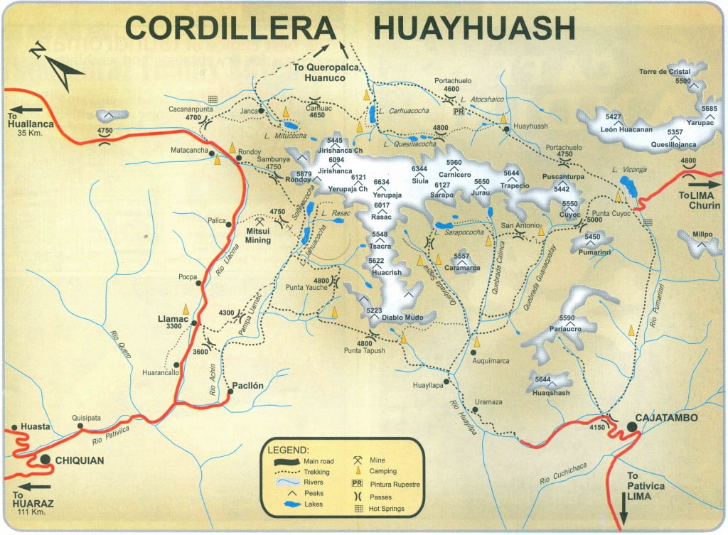 Карта пешего маршрута Уайуош в Перу Huaraz