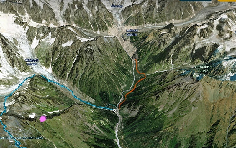 3d карта маршрутов к ледника чалаади и лекзыр