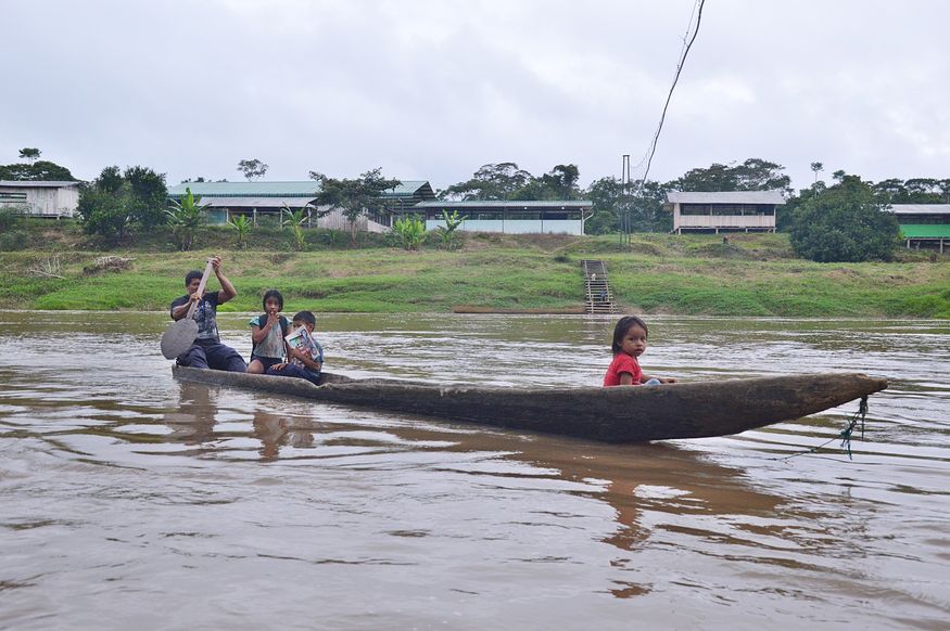 Дети в деревянном каноэ на реке амазонка
