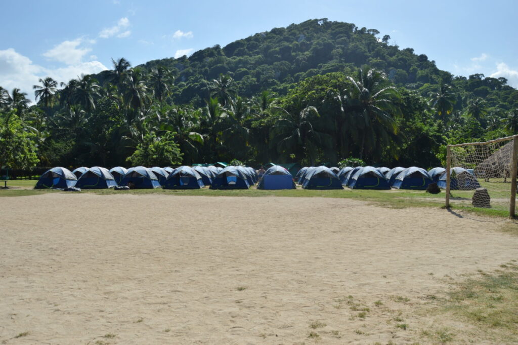 Палатки стоят в ряд на лужайке — парк Тайрона