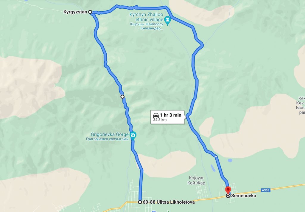 Карта путешествия — Григорьевское и Семеновское ущелье за один день