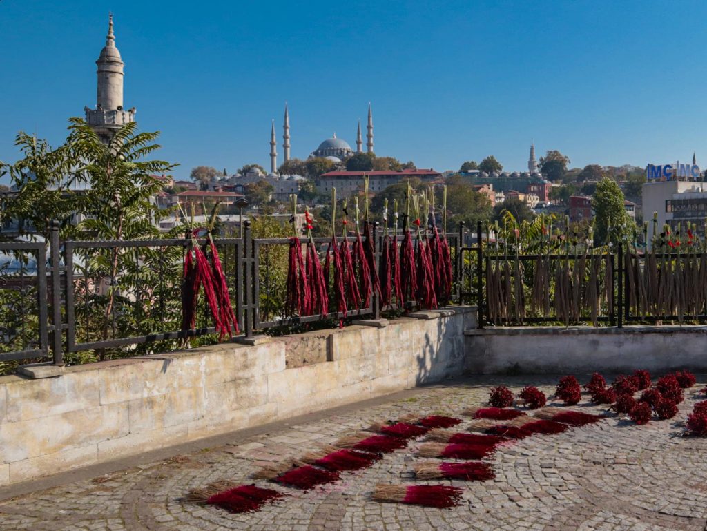 Красные веники сушатся на фоне мечети