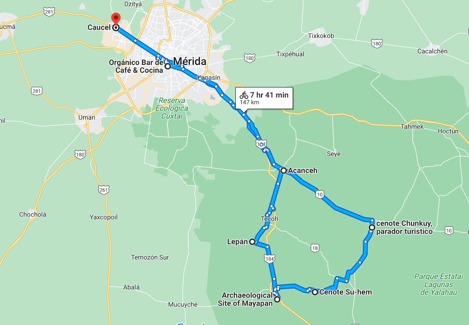 Карта путешествия на велосипеде по Юкатану