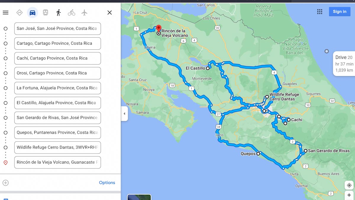 Карта путешествия по Коста-Рике