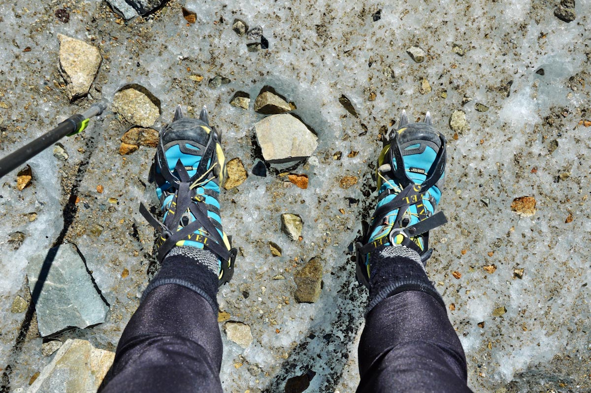 Crampons on the blue Salomon Goretex shoes