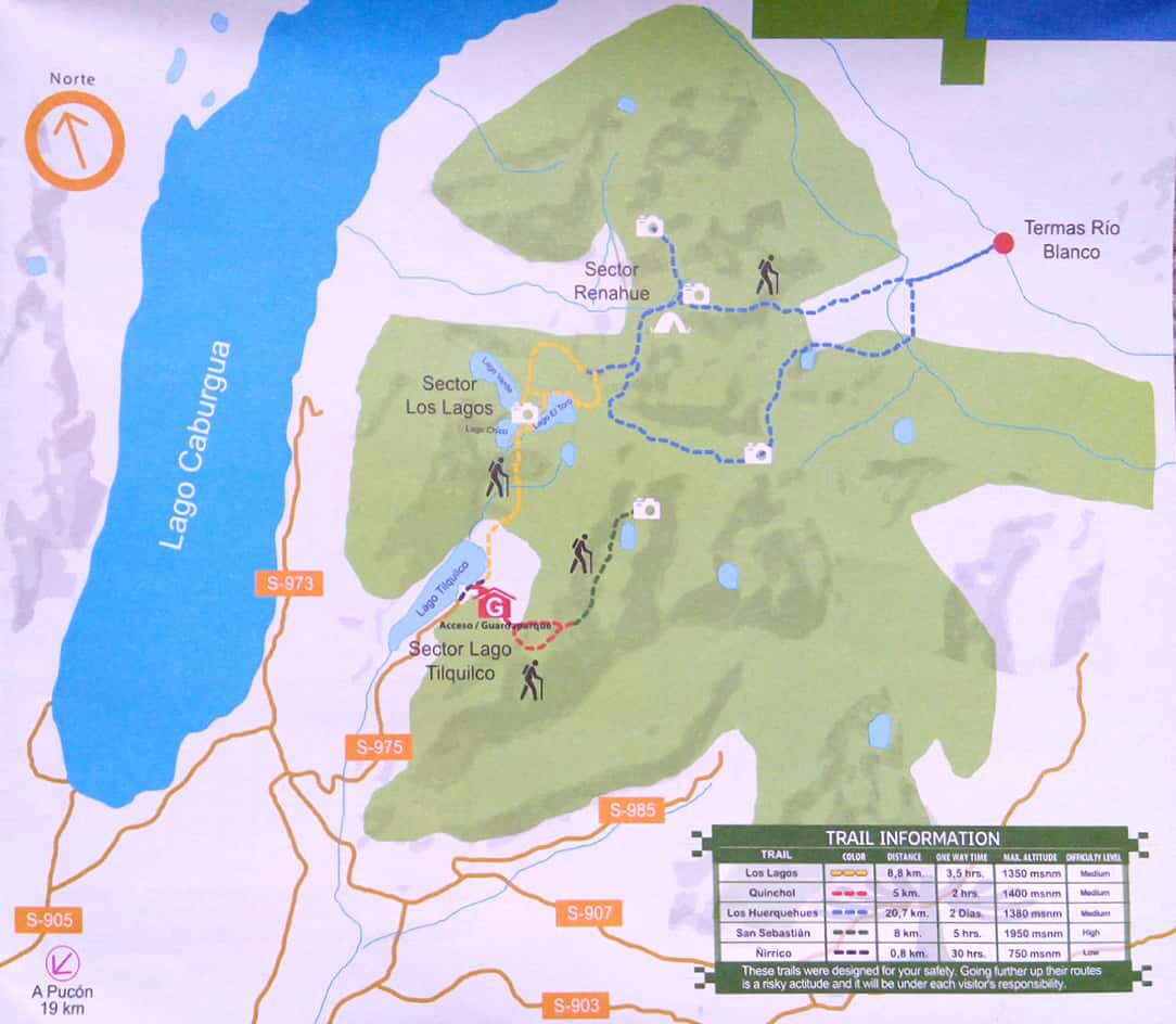 Map of the trails in Pucon - карта пеших маршрутов в Пукон 