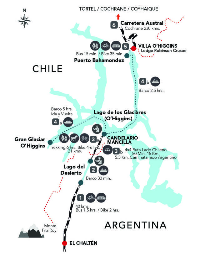 Border crossing El Chalten to Villa o’Higgins - map