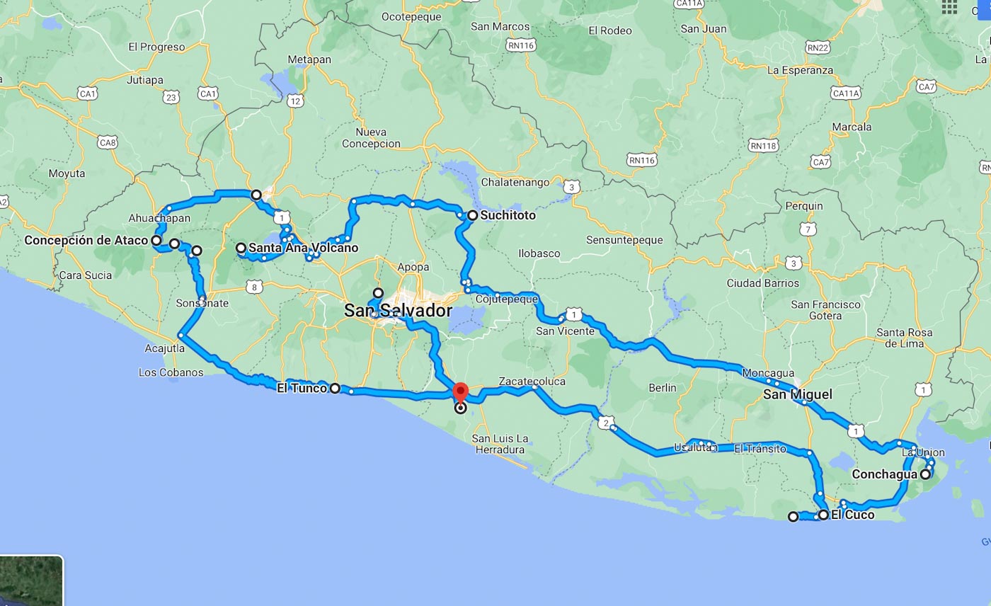 Карта путешествия по стране Сальвадор / Road trip itinerary in El Salvador