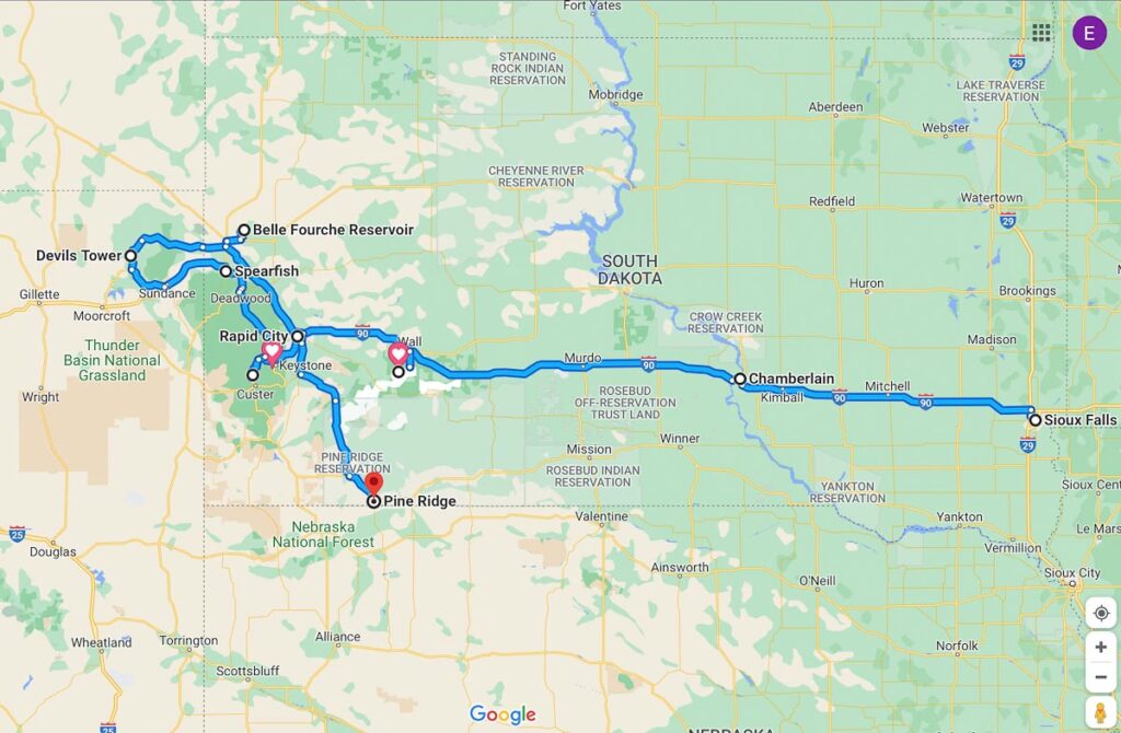 Карта путешествия по штату Южная Дакота