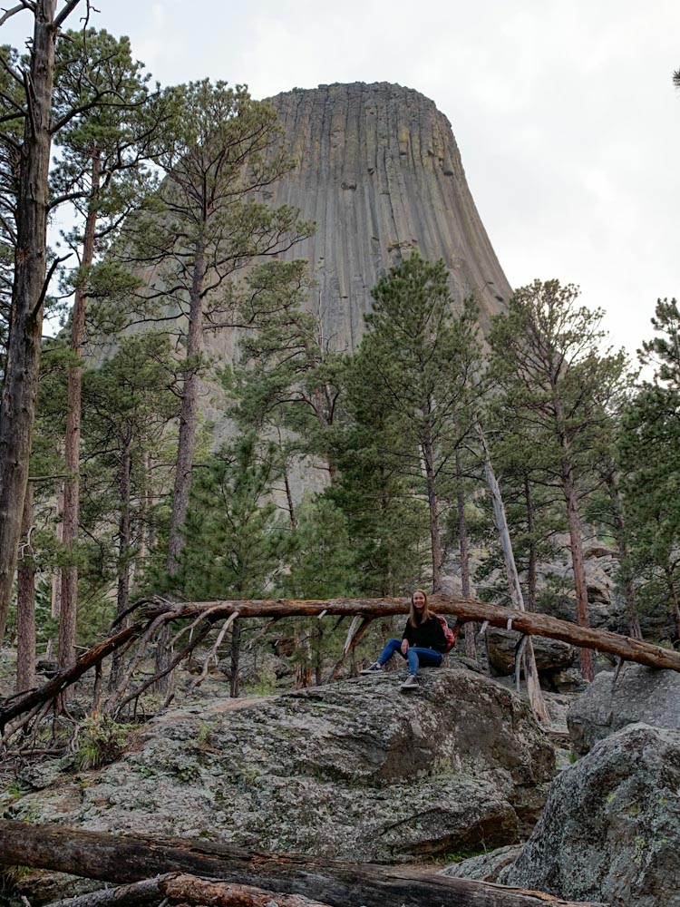 Дешвука фотографируется на фоне скалы Дэвилс Тауэр в США
