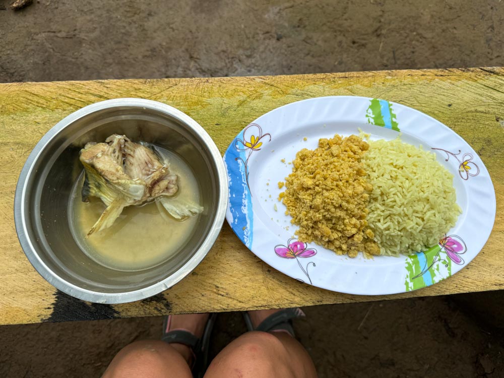 Рыбный бульон и тарелка с рисом — кухня ваорани в Эквадоре /  Fish soup in the Amazon jungle